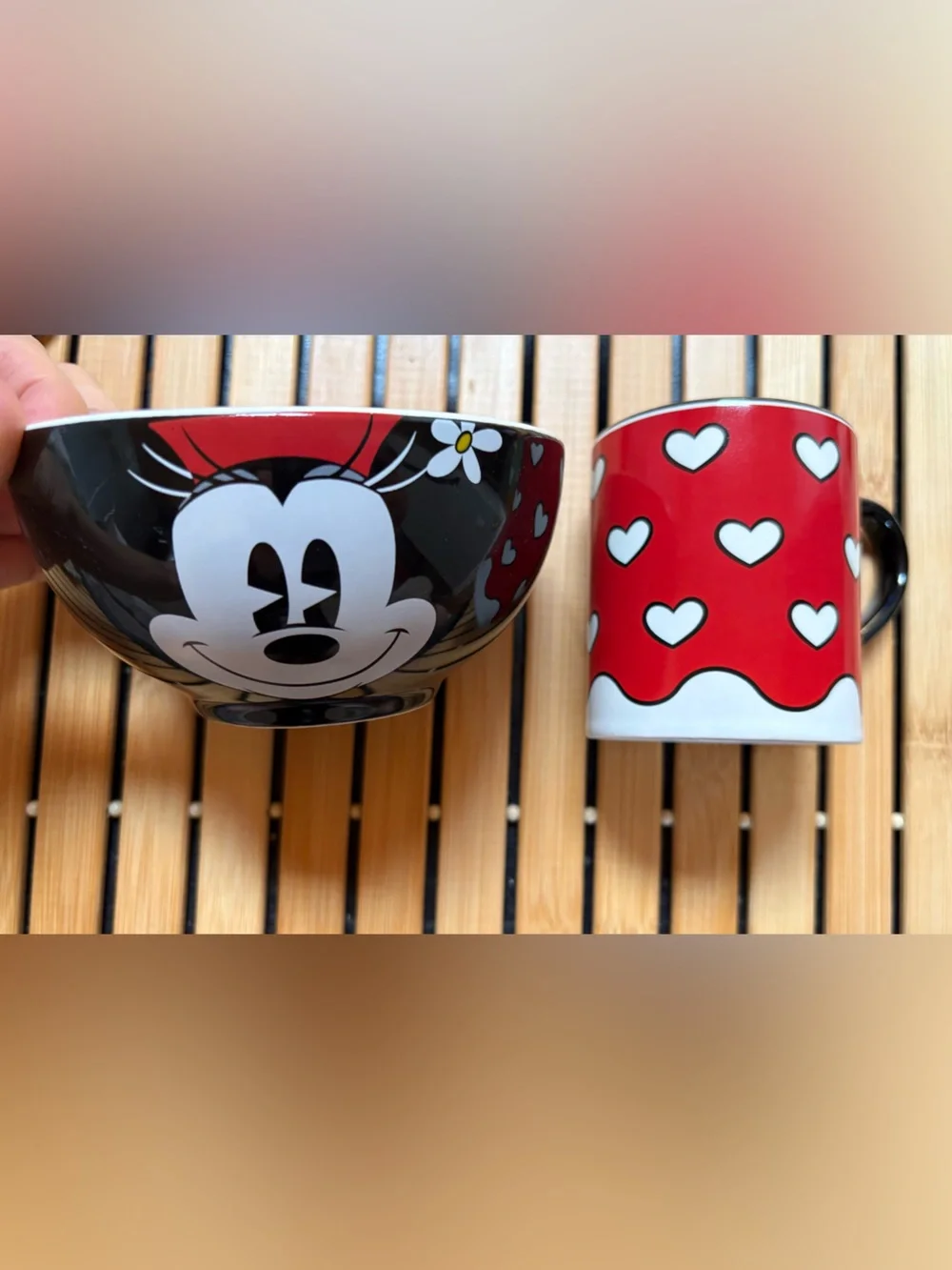 New-In-Box Disney Minnie Mouse Red and Black Heart Porcelain Mug & Bowl Set